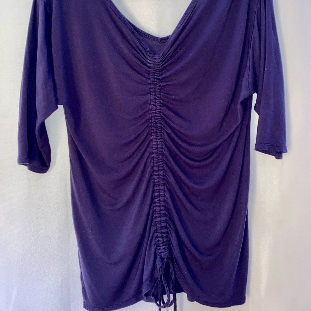 Adjustable Ruched Drawstring Back V neck Solid Tee